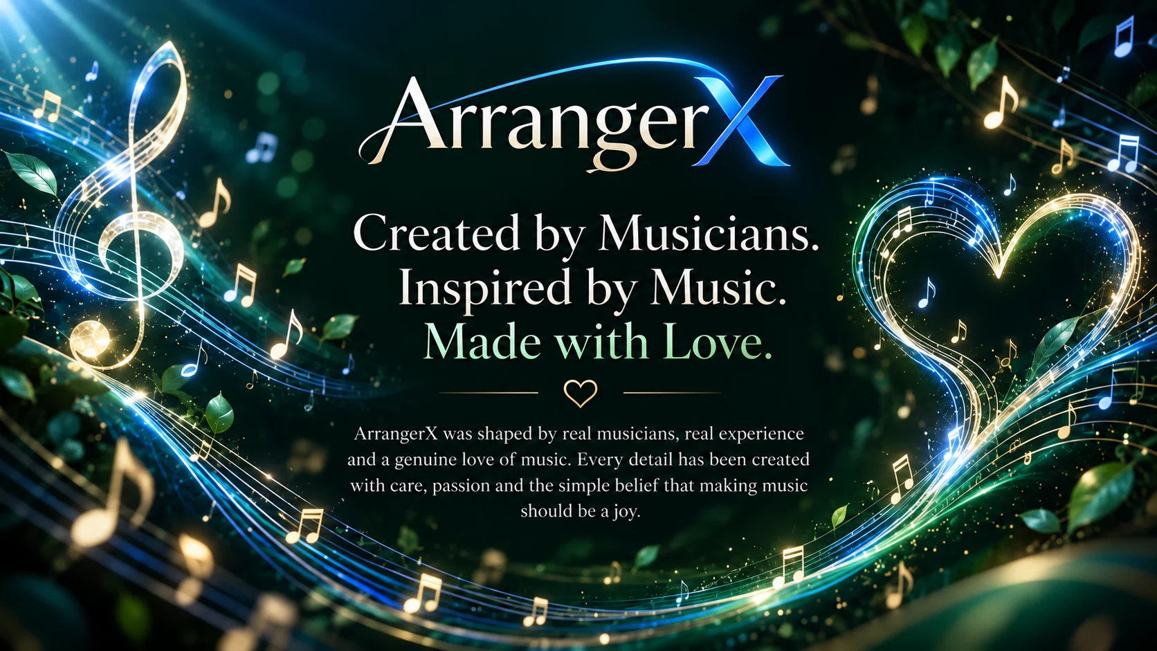 ArrangerX with its signature blue X, flowing musical notes and a glowing heart. Created by Musicians. Inspired by Music. Made with Love. ArrangerX was shaped by real musicians, real experience and a genuine love of music. Every detail has been created with care, passion and the simple belief that making music should be a joy.
