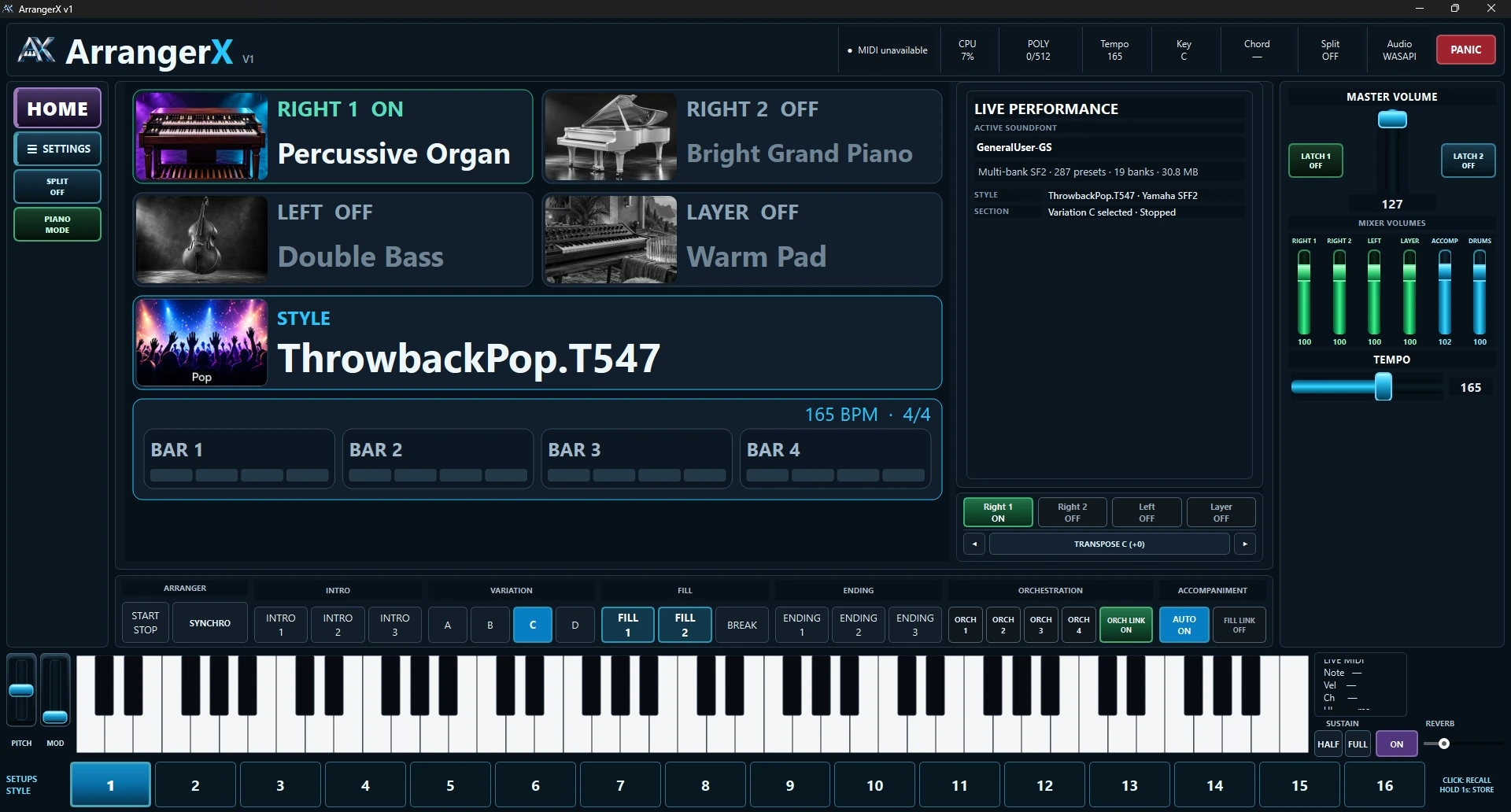 Current ArrangerX Version 1 performance interface running on Windows