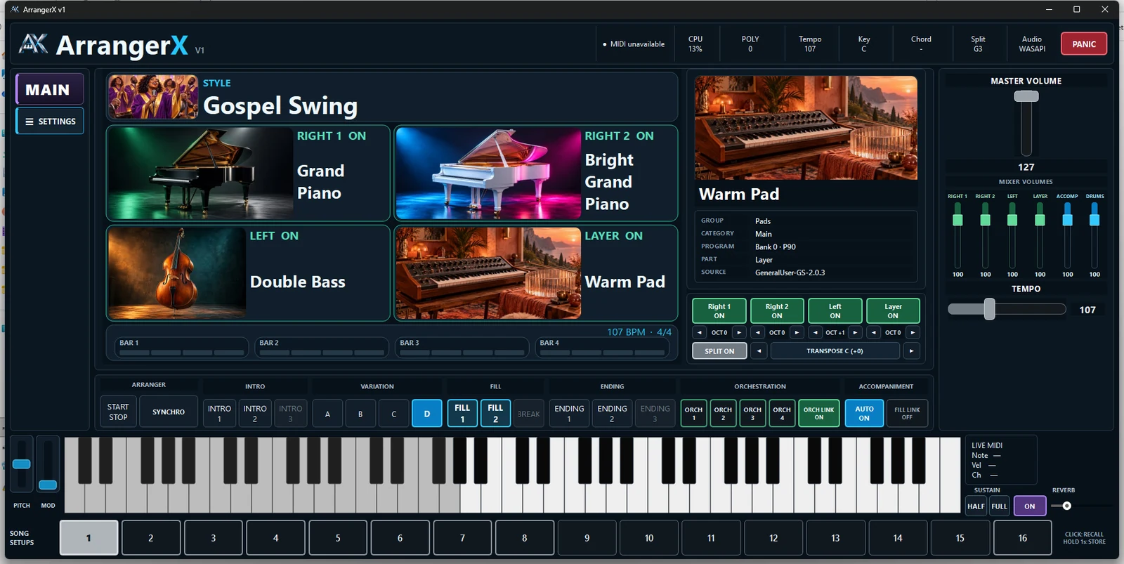 Current ArrangerX Version 1 performance interface running on Windows