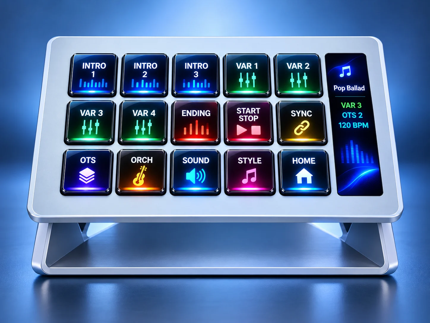 Original blue ArrangerX concept rendering of a 15-key LCD control deck, inspired by the SOOMFON Stream Controller Classic, not an official product photograph