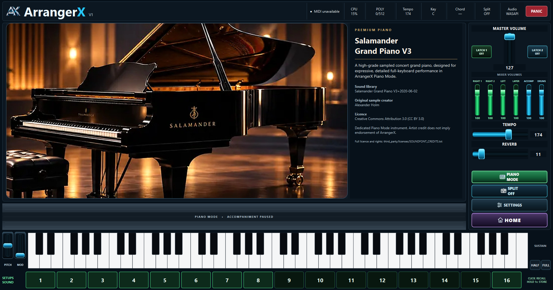 Actual ArrangerX V1 Piano Mode screenshot showing the grand piano and closed accompaniment shutter