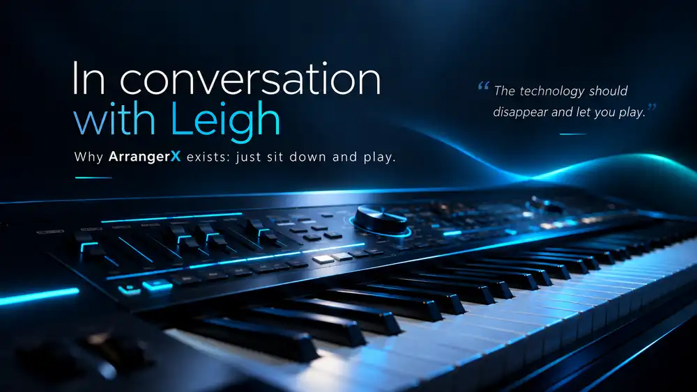 Dark blue keyboard artwork introducing an interview with Leigh about the ArrangerX philosophy