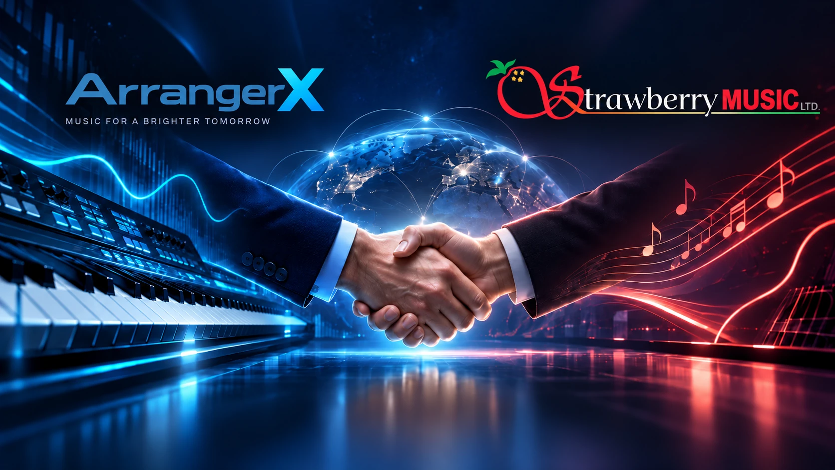 Approved ArrangerX and Strawberry Music branding above a handshake, surrounded by a musical keyboard and glowing notes